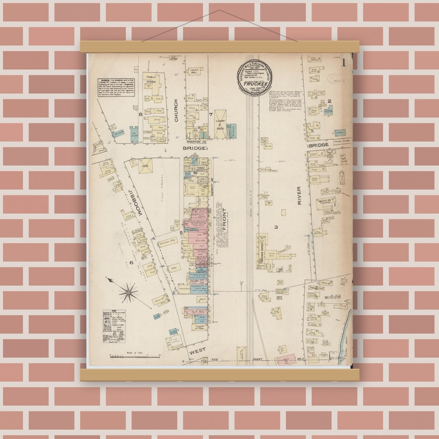 Old map wall art mockup — magnetic wood frame on brick wall — Sanborn Fire Insurance Map from Truckee, Nevada County, California (1885) - Complete Map Set
