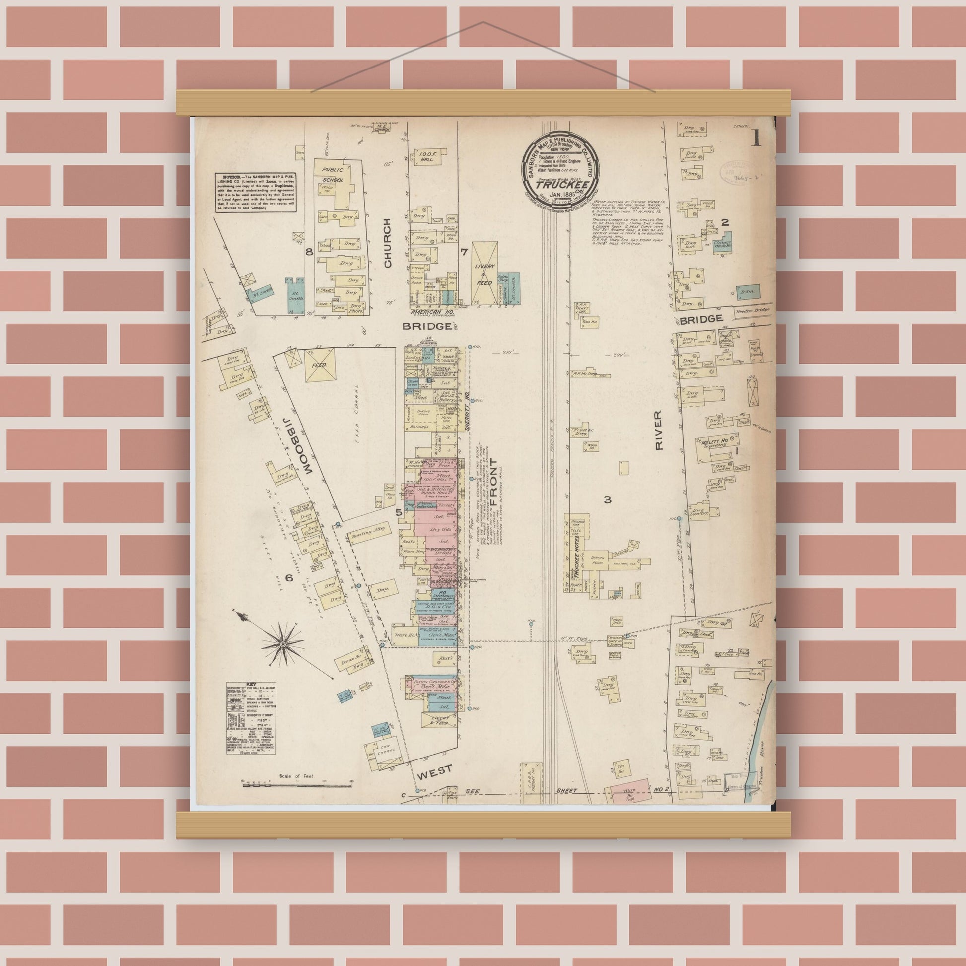 Old map wall art mockup — magnetic wood frame on brick wall — Sanborn Fire Insurance Map from Truckee, Nevada County, California (1885) - Complete Map Set