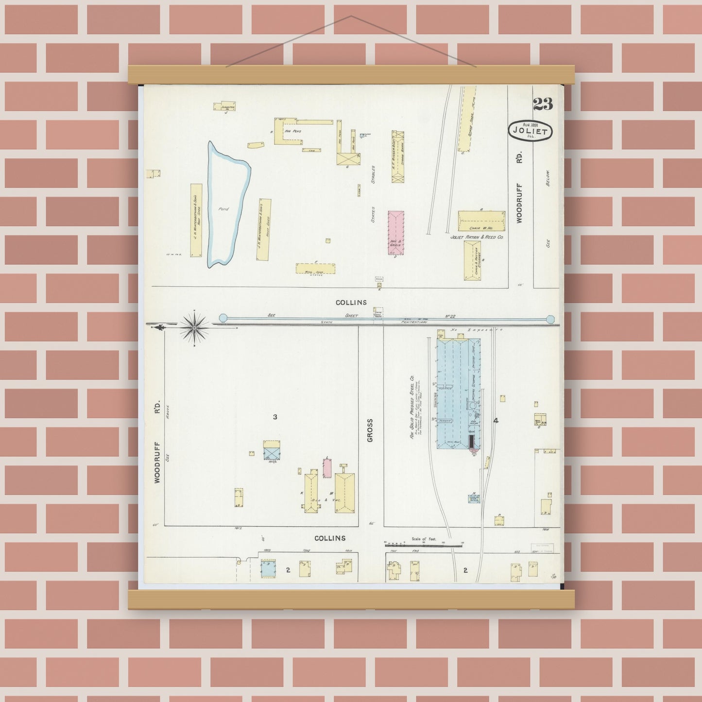 Old map wall art mockup — magnetic wood frame on brick wall — Sanborn Fire Insurance Map from Joliet, Will County, Illinois (1891), Sheet #0023