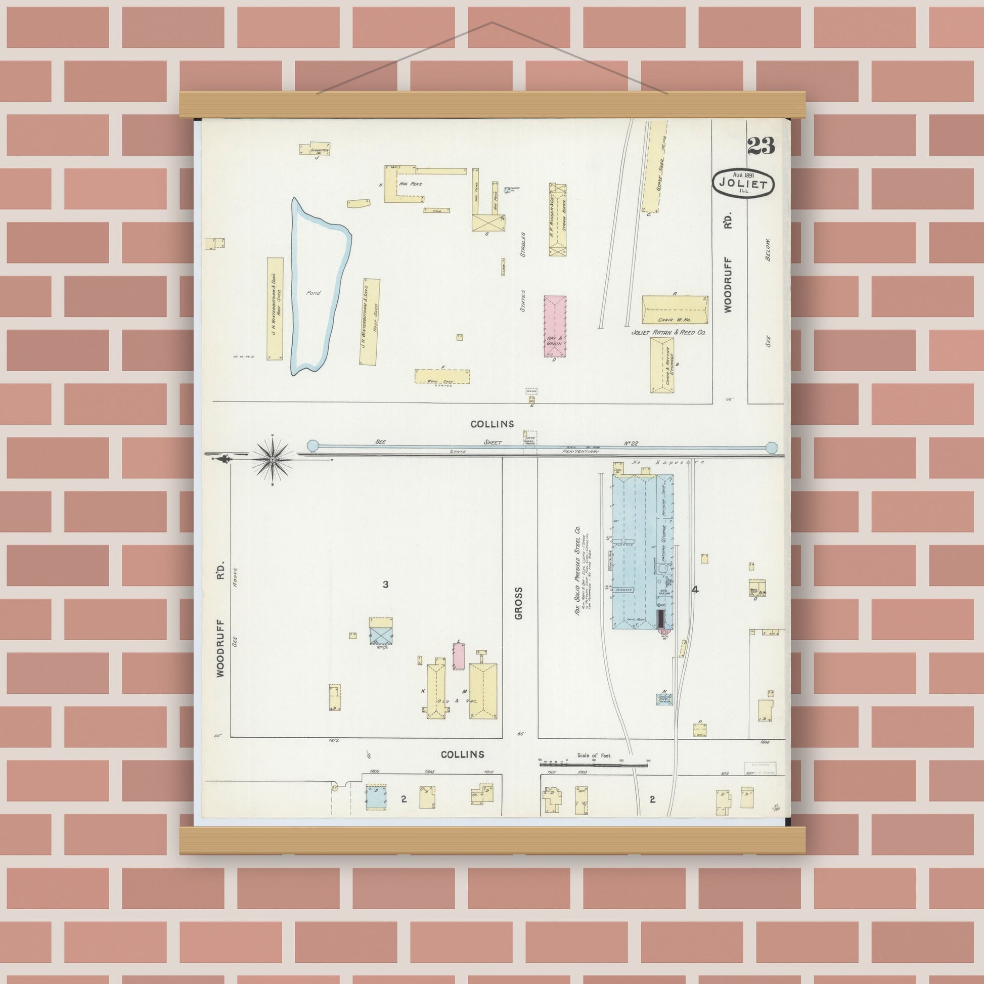 Old map wall art mockup — magnetic wood frame on brick wall — Sanborn Fire Insurance Map from Joliet, Will County, Illinois (1891), Sheet #0023