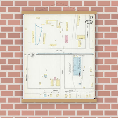 Old map wall art mockup — magnetic wood frame on brick wall — Sanborn Fire Insurance Map from Joliet, Will County, Illinois (1891), Sheet #0023