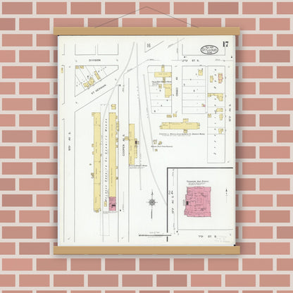 Old map wall art mockup — magnetic wood frame on brick wall — Sanborn Fire Insurance Map from Saint Cloud, Stearns, Benton, and Sherburne Counties, Minnesota (1919), Sheet #0017