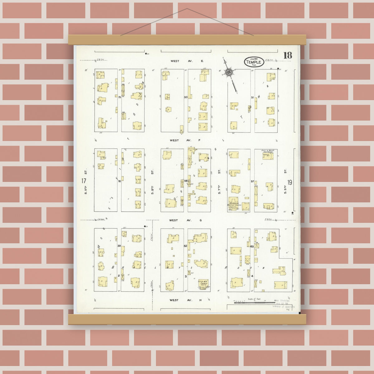 Old map wall art mockup — magnetic wood frame on brick wall — Sanborn Fire Insurance Map from Temple, Bell County, Texas (1910), Sheet #0018