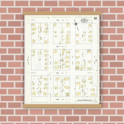 Old map wall art mockup — magnetic wood frame on brick wall — Sanborn Fire Insurance Map from Temple, Bell County, Texas (1910), Sheet #0018
