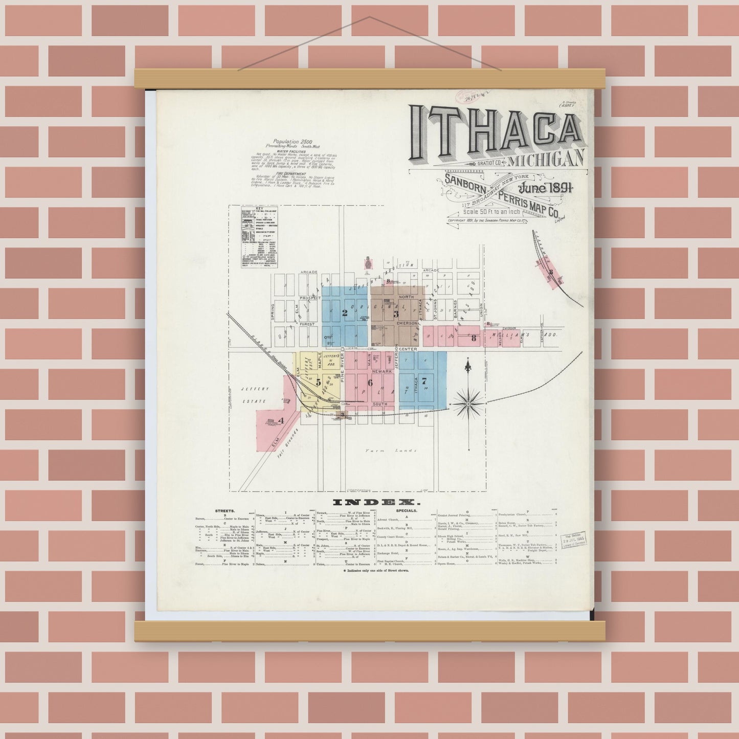 Old map wall art mockup — magnetic wood frame on brick wall — Sanborn Fire Insurance Map from Ithaca, Gratiot County, Michigan (1891) - Complete Map Set