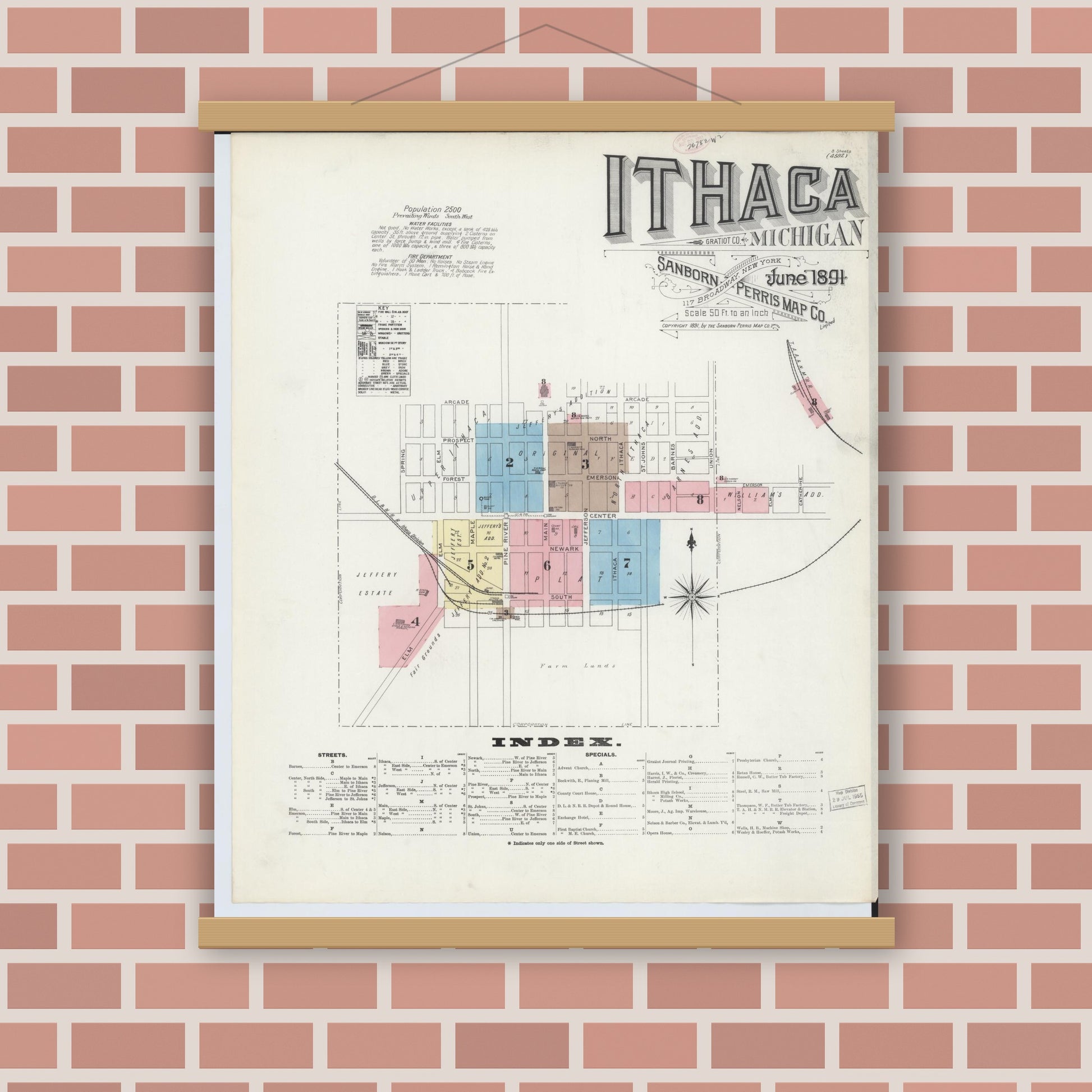 Old map wall art mockup — magnetic wood frame on brick wall — Sanborn Fire Insurance Map from Ithaca, Gratiot County, Michigan (1891) - Complete Map Set