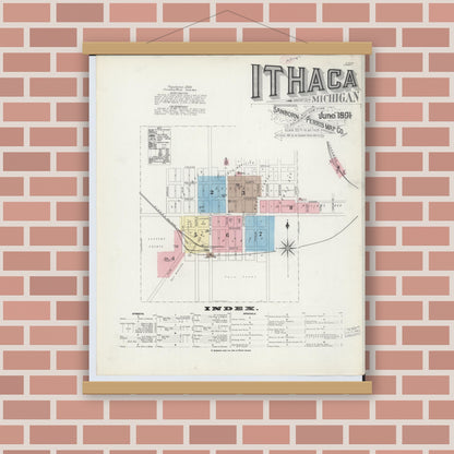 Old map wall art mockup — magnetic wood frame on brick wall — Sanborn Fire Insurance Map from Ithaca, Gratiot County, Michigan (1891) - Complete Map Set