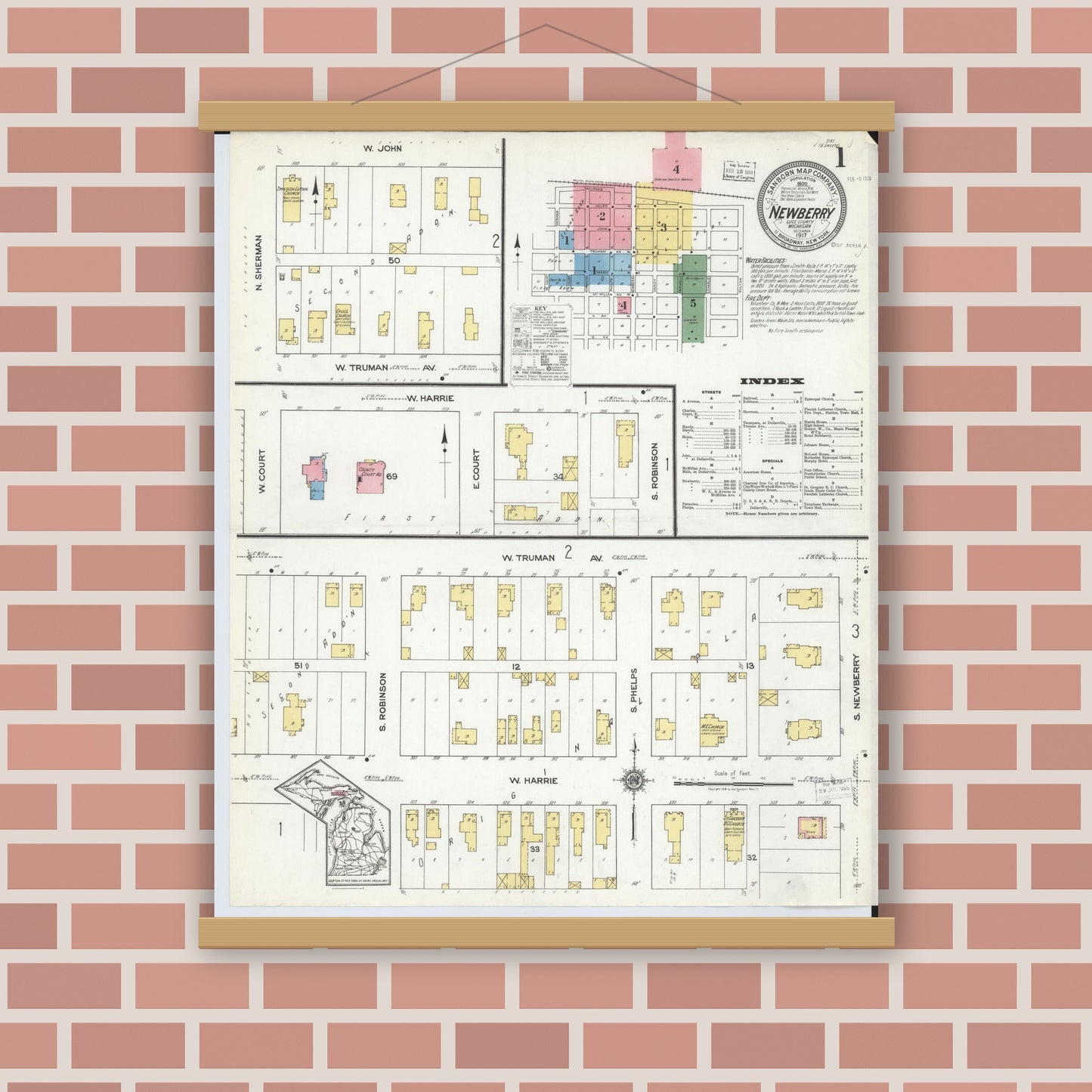 Old map wall art mockup — magnetic wood frame on brick wall — Sanborn Fire Insurance Map from Newberry, Luce County, Michigan (1917) - Complete Map Set