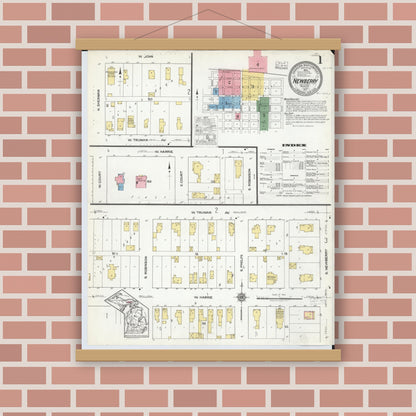 Old map wall art mockup — magnetic wood frame on brick wall — Sanborn Fire Insurance Map from Newberry, Luce County, Michigan (1917) - Complete Map Set