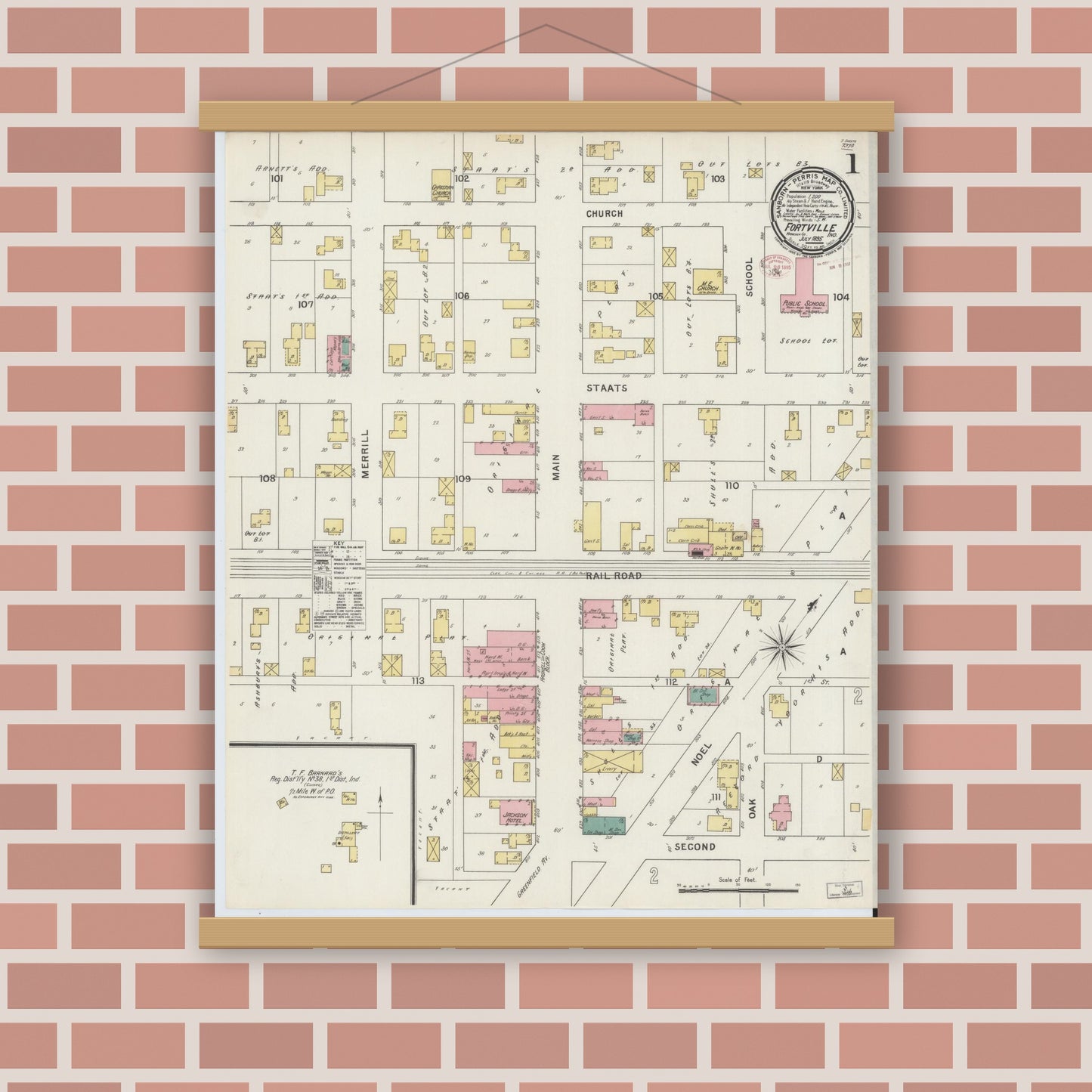 Old map wall art mockup — magnetic wood frame on brick wall — Sanborn Fire Insurance Map from Fortville, Hancock County, Indiana (1895) - Complete Map Set