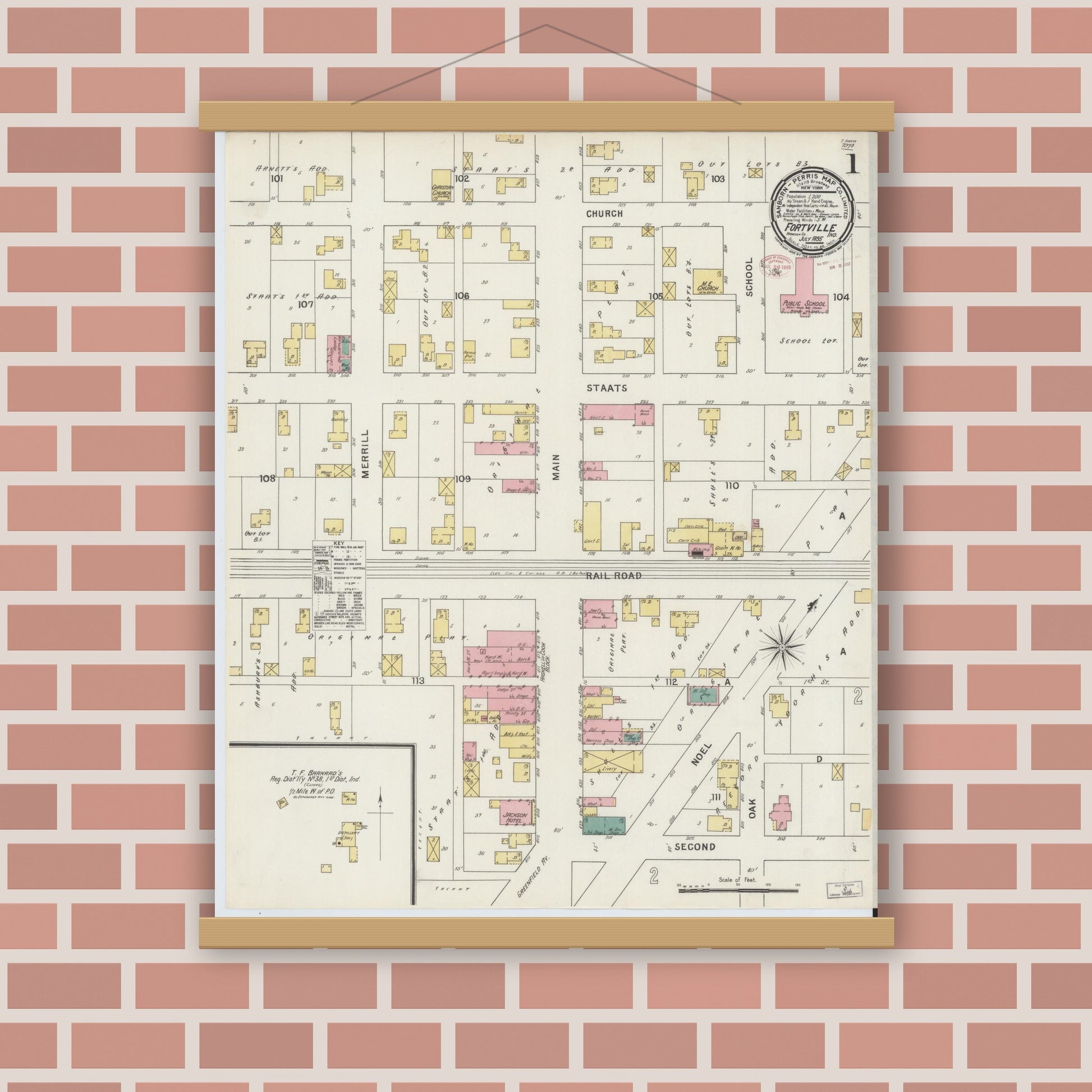 Old map wall art mockup — magnetic wood frame on brick wall — Sanborn Fire Insurance Map from Fortville, Hancock County, Indiana (1895) - Complete Map Set