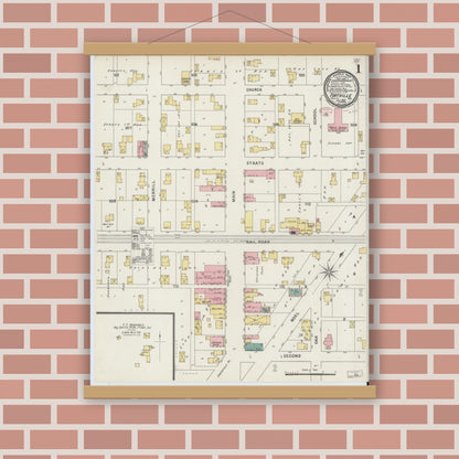 Old map wall art mockup — magnetic wood frame on brick wall — Sanborn Fire Insurance Map from Fortville, Hancock County, Indiana (1895) - Complete Map Set
