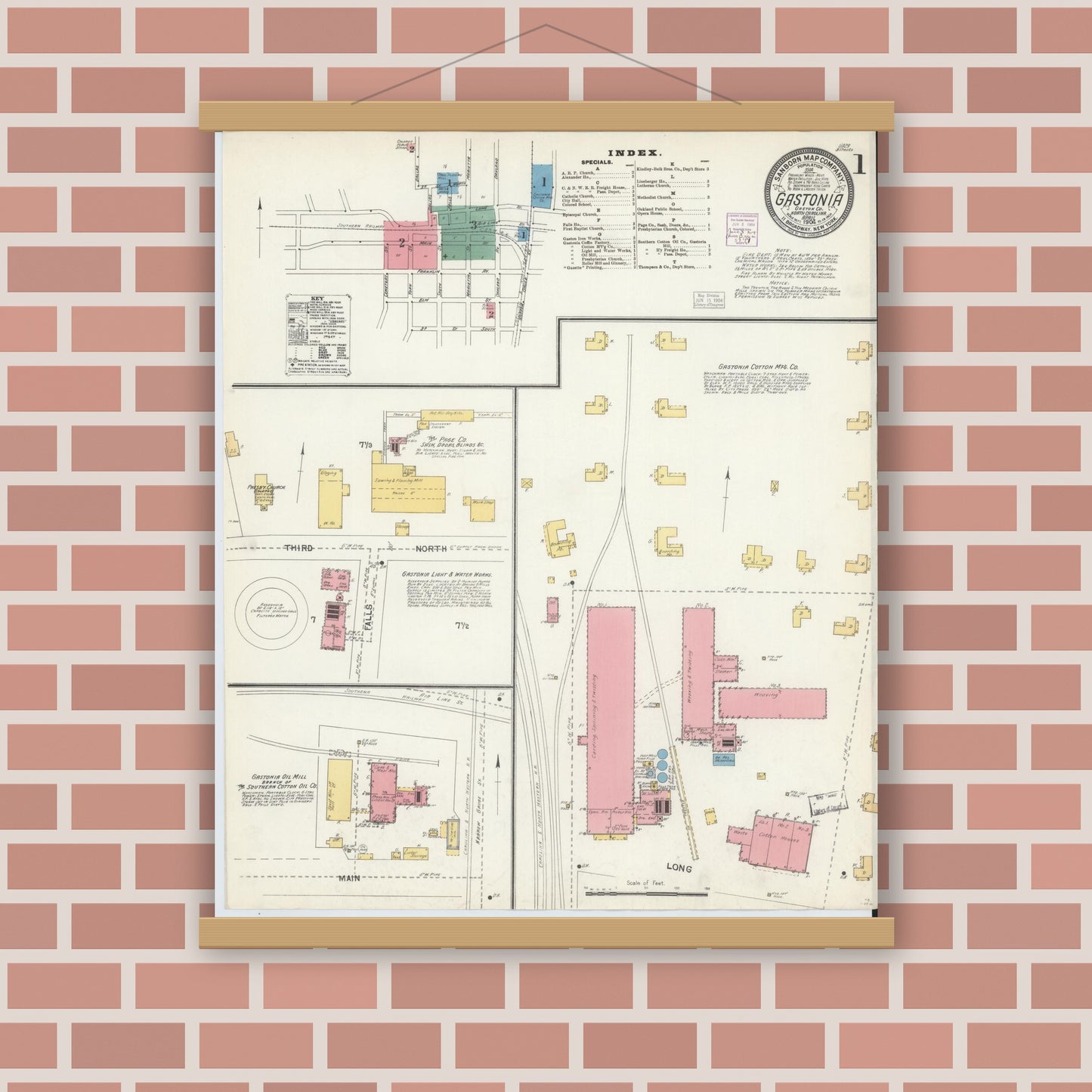 Old map wall art mockup — magnetic wood frame on brick wall — Sanborn Fire Insurance Map from Gastonia, Gaston County, North Carolina (1904) - Complete Map Set