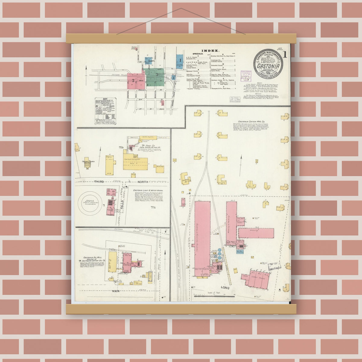 Old map wall art mockup — magnetic wood frame on brick wall — Sanborn Fire Insurance Map from Gastonia, Gaston County, North Carolina (1904) - Complete Map Set