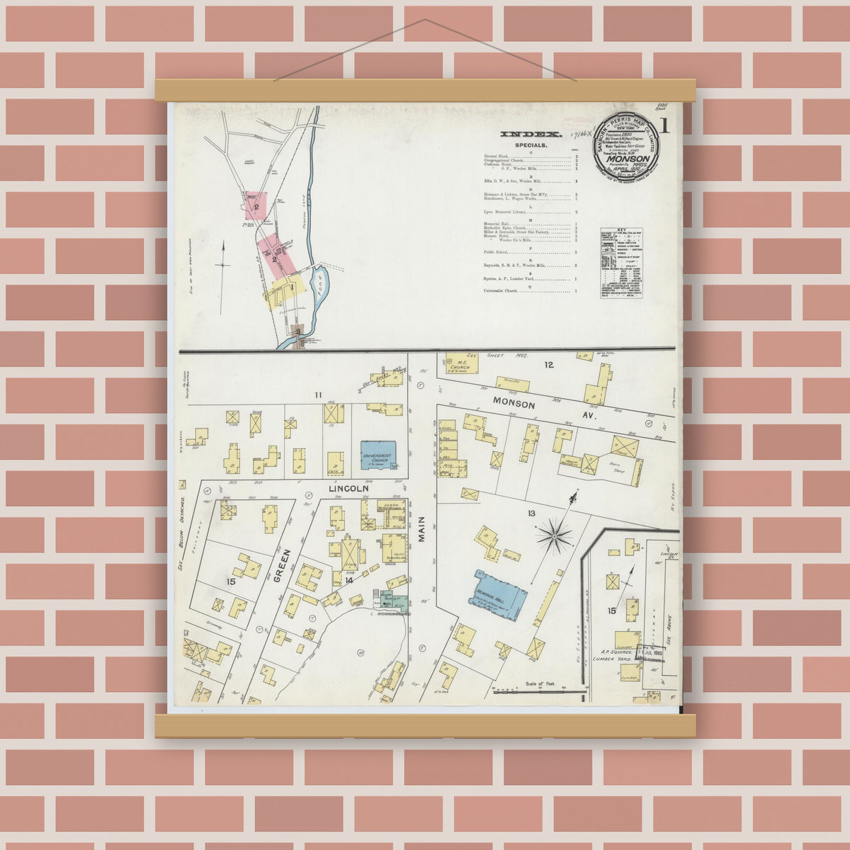 Old map wall art mockup — magnetic wood frame on brick wall — Sanborn Fire Insurance Map from Monson, Hampden County, Massachusetts (1892) - Complete Map Set