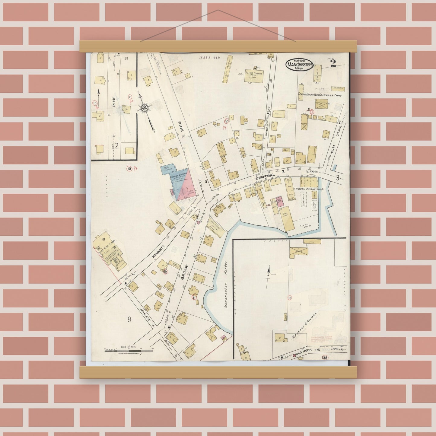 Old map wall art mockup — magnetic wood frame on brick wall — Sanborn Fire Insurance Map from Manchester, Essex County, Massachusetts (1941), Sheet #0002