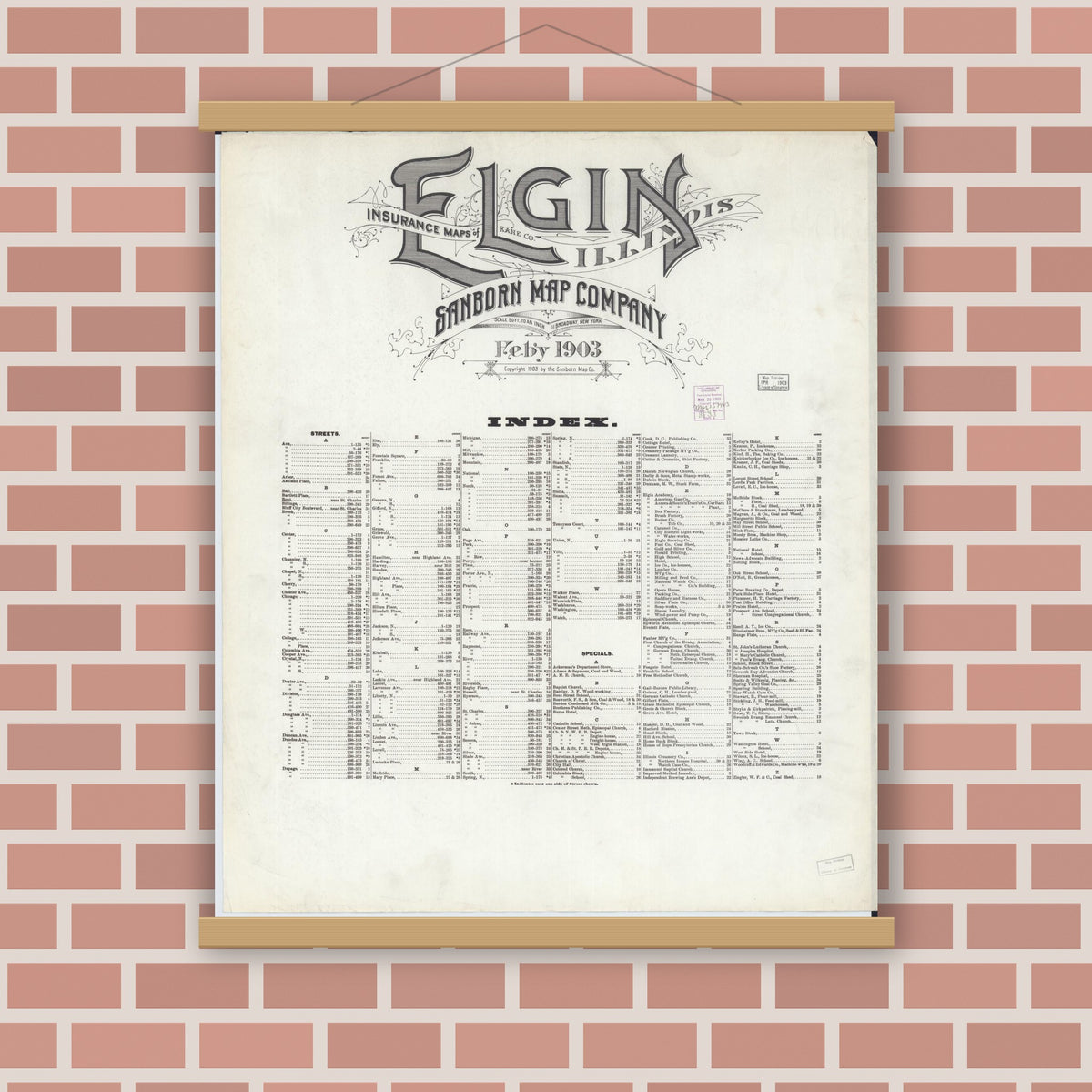 Old map wall art mockup — magnetic wood frame on brick wall — Sanborn Fire Insurance Map from Elgin, Kane County, Illinois (1903), Sheet #0001