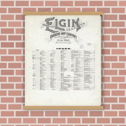Old map wall art mockup — magnetic wood frame on brick wall — Sanborn Fire Insurance Map from Elgin, Kane County, Illinois (1903), Sheet #0001