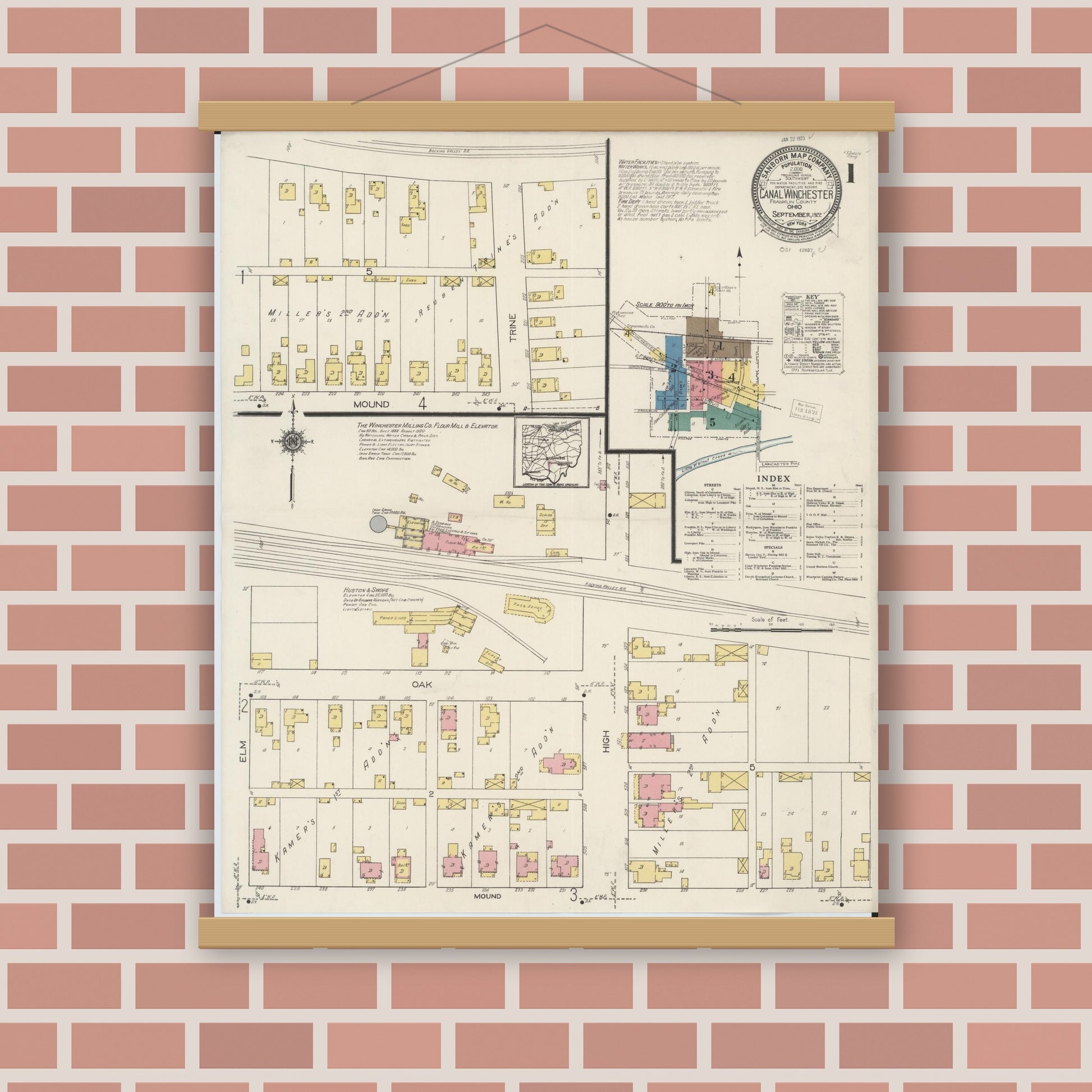 Old map wall art mockup — magnetic wood frame on brick wall — Sanborn Fire Insurance Map from Canal Winchester, Franklin County, Ohio (1922) - Complete Map Set