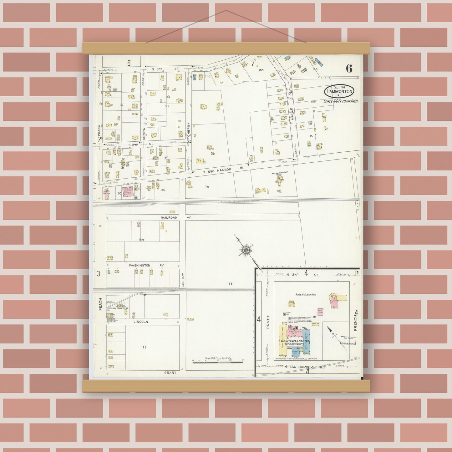 Old map wall art mockup — magnetic wood frame on brick wall — Sanborn Fire Insurance Map from Hammonton, Atlantic County, New Jersey (1914), Sheet #0006