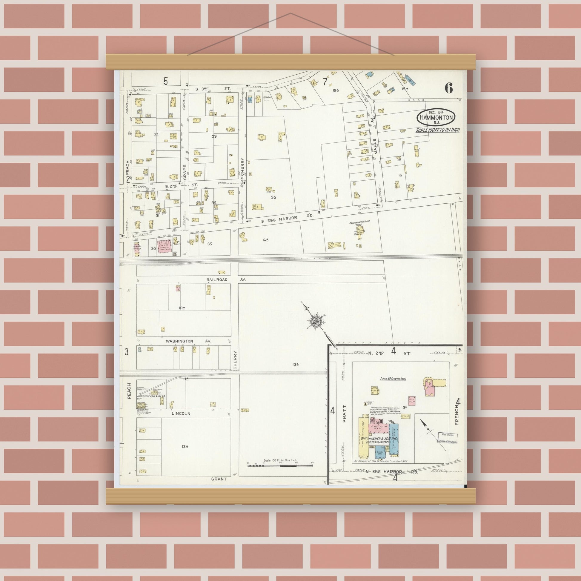Old map wall art mockup — magnetic wood frame on brick wall — Sanborn Fire Insurance Map from Hammonton, Atlantic County, New Jersey (1914), Sheet #0006