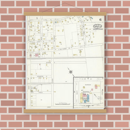 Old map wall art mockup — magnetic wood frame on brick wall — Sanborn Fire Insurance Map from Hammonton, Atlantic County, New Jersey (1914), Sheet #0006