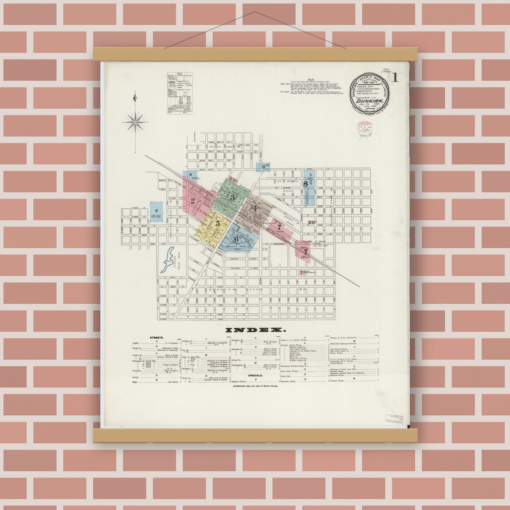 Old map wall art mockup — magnetic wood frame on brick wall — Sanborn Fire Insurance Map from Dunkirk, Jay And Blackford Counties, Indiana (1895) - Complete Map Set
