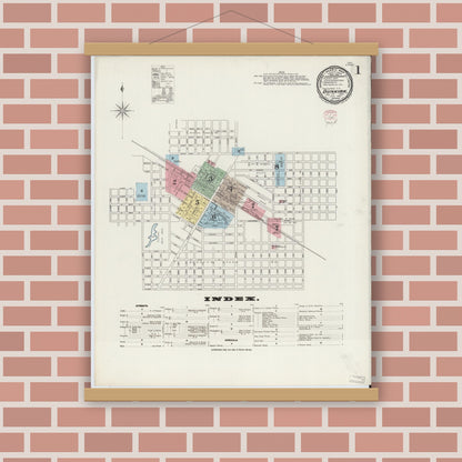 Old map wall art mockup — magnetic wood frame on brick wall — Sanborn Fire Insurance Map from Dunkirk, Jay And Blackford Counties, Indiana (1895) - Complete Map Set