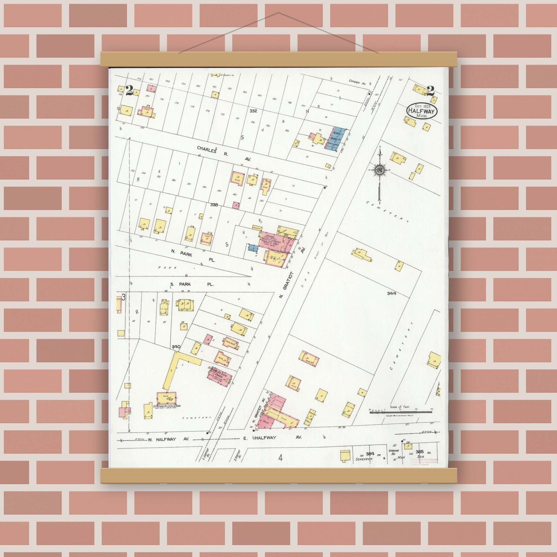 Old map wall art mockup — magnetic wood frame on brick wall — Sanborn Fire Insurance Map from Halfway, Macomb County, Michigan (1925), Sheet #0002
