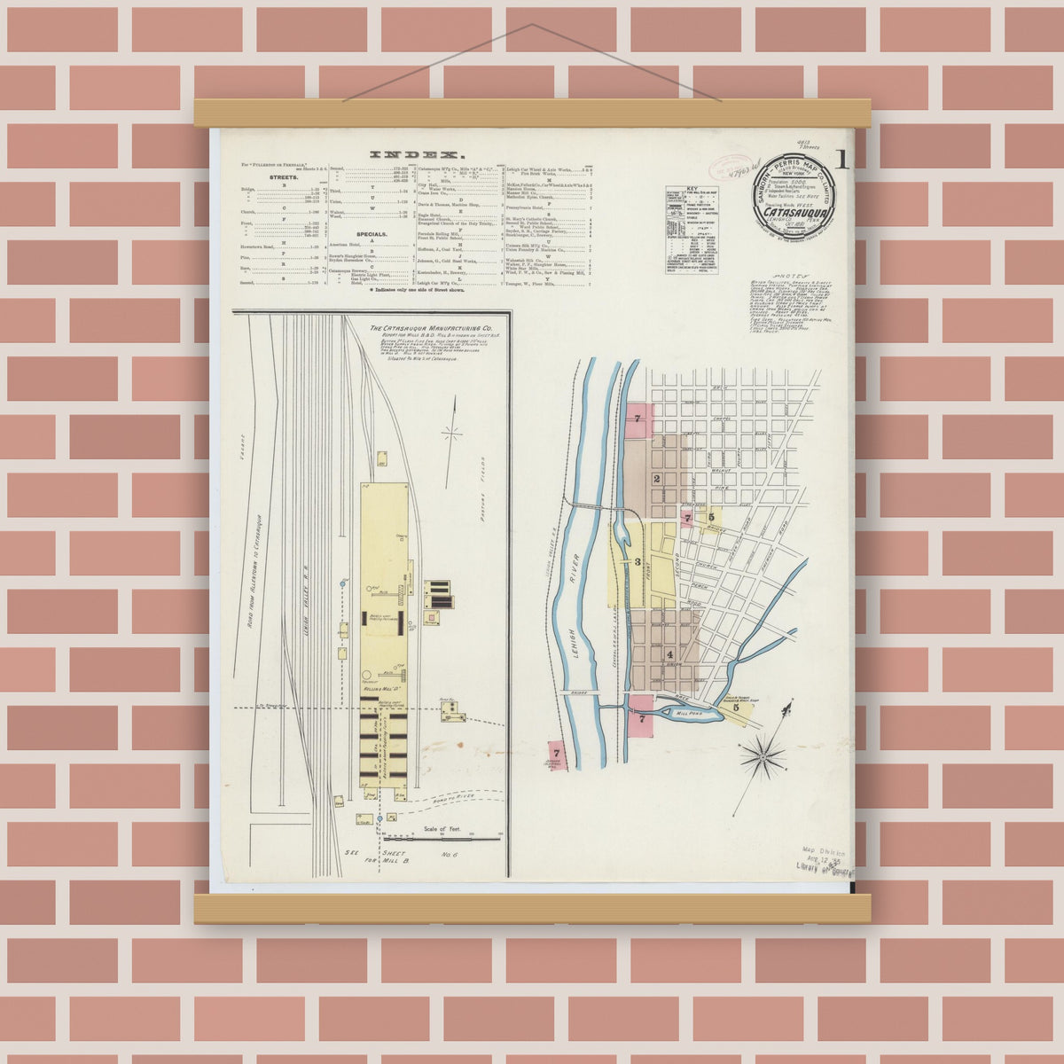 Old map wall art mockup — magnetic wood frame on brick wall — Sanborn Fire Insurance Map from Catasauqua, Lehigh County, Pennsylvania (1891) - Complete Map Set