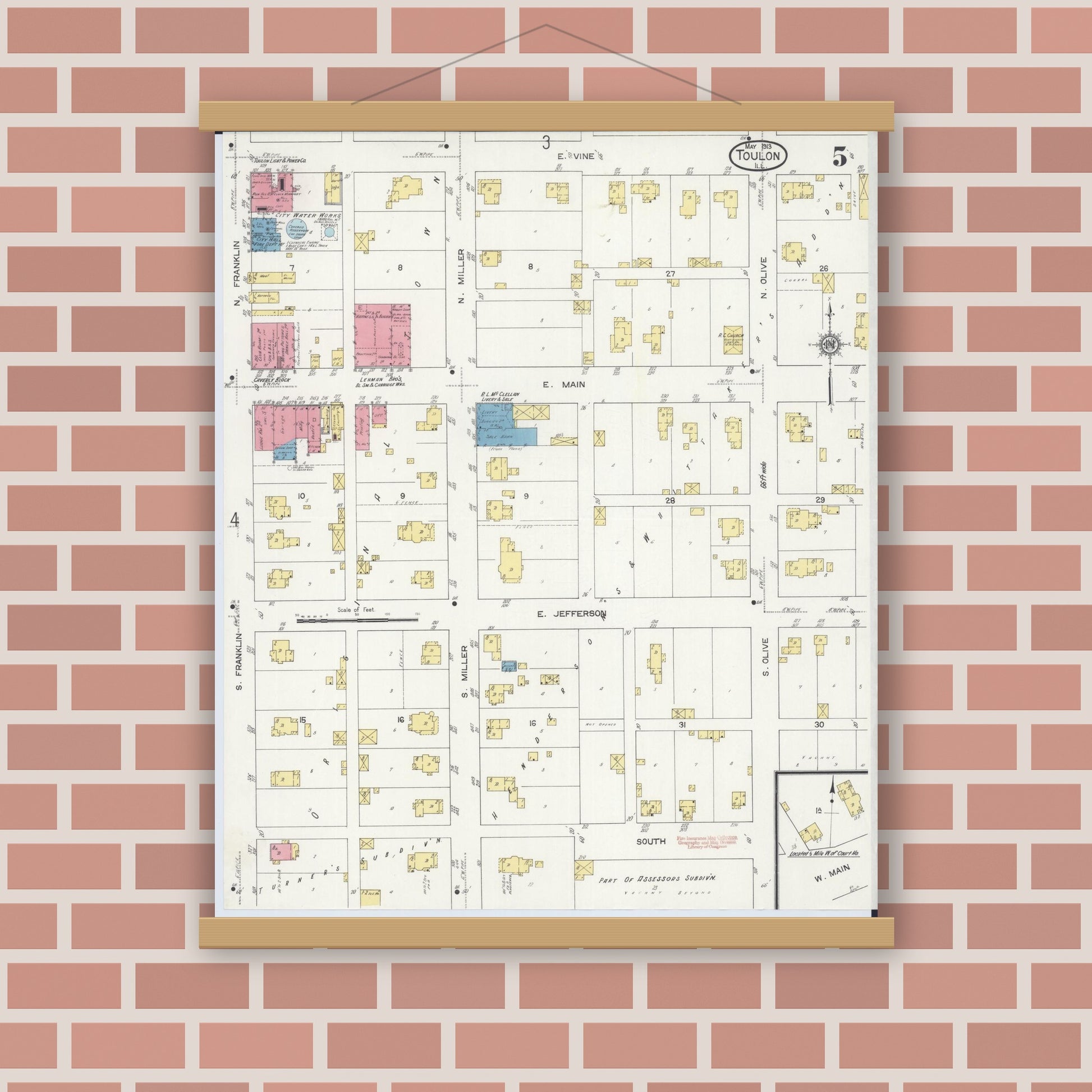 Old map wall art mockup — magnetic wood frame on brick wall — Sanborn Fire Insurance Map from Toulon, Stark County, Illinois (1913), Sheet #0005