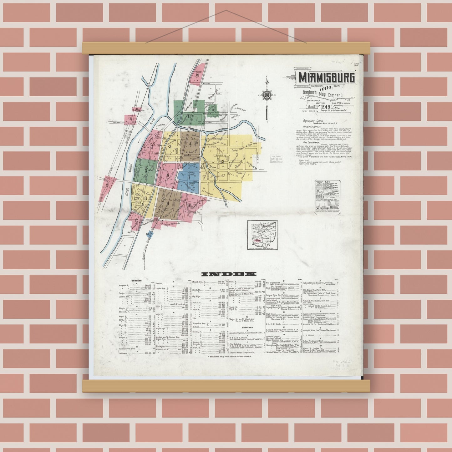 Old map wall art mockup — magnetic wood frame on brick wall — Sanborn Fire Insurance Map from Miamisburg, Montgomery County, Ohio (1919), Sheet #0001