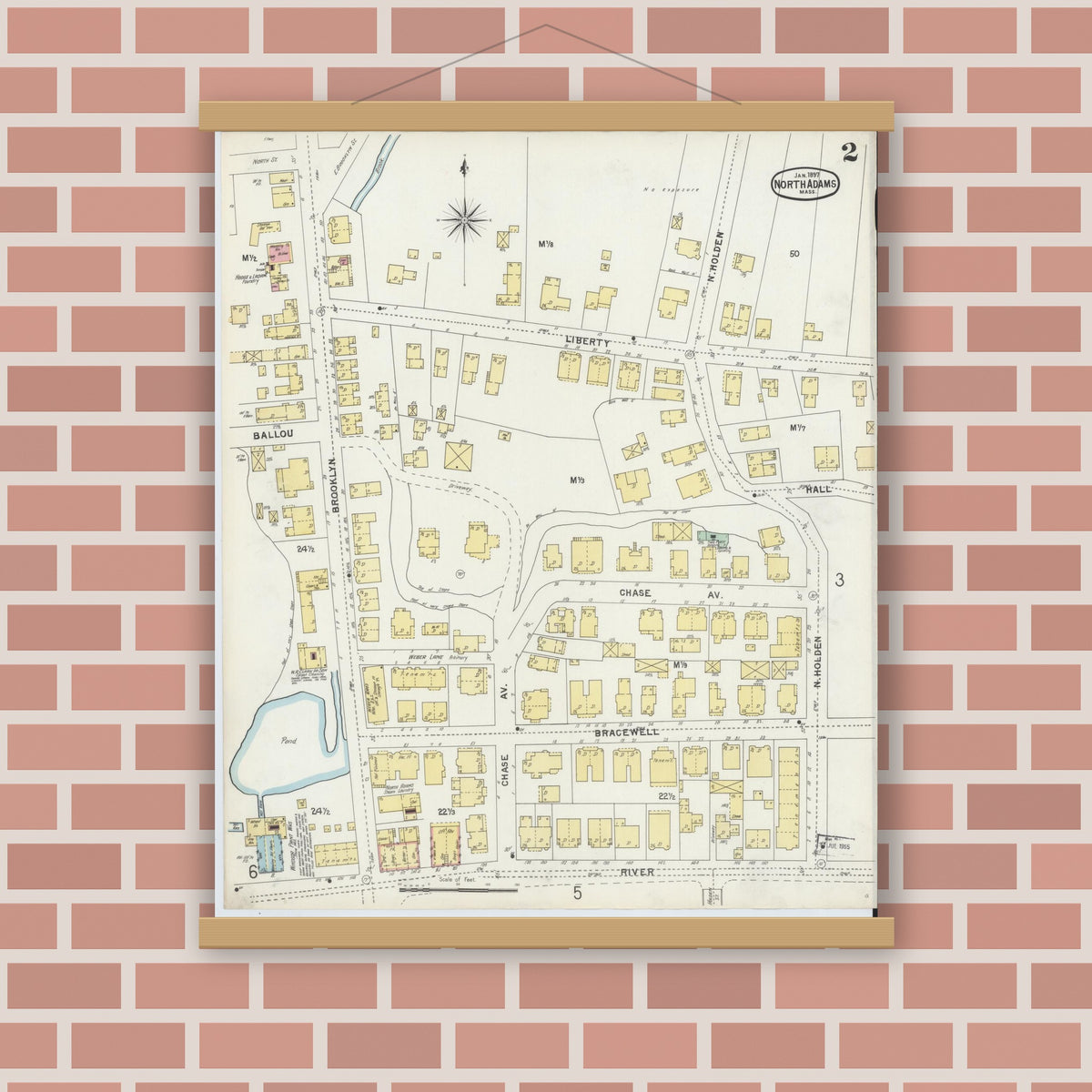 Old map wall art mockup — magnetic wood frame on brick wall — Sanborn Fire Insurance Map from North Adams, Berkshire County, Massachusetts (1897), Sheet #0002