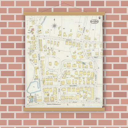 Old map wall art mockup — magnetic wood frame on brick wall — Sanborn Fire Insurance Map from North Adams, Berkshire County, Massachusetts (1897), Sheet #0002