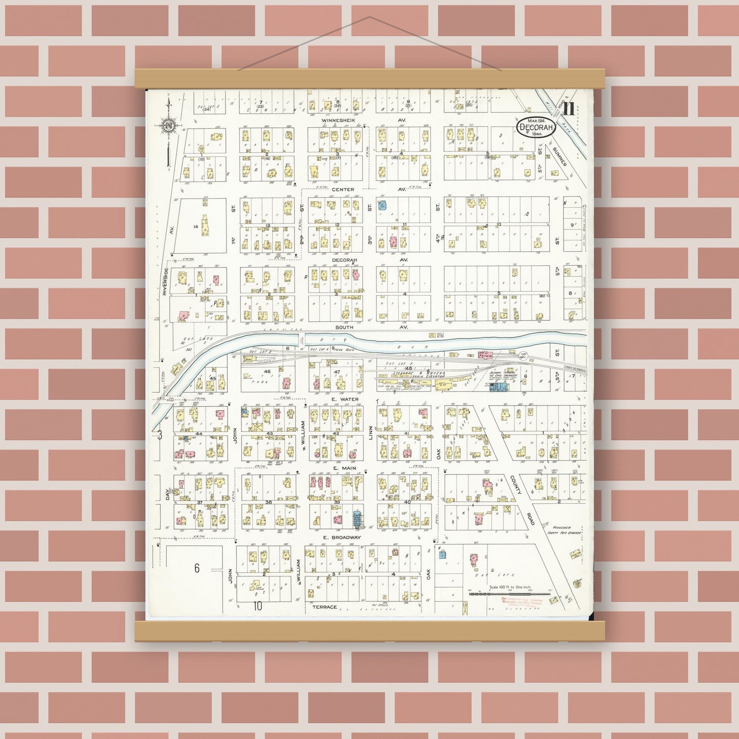 Old map wall art mockup — magnetic wood frame on brick wall — Sanborn Fire Insurance Map from Decorah, Winneshiek County, Iowa (1914), Sheet #0011