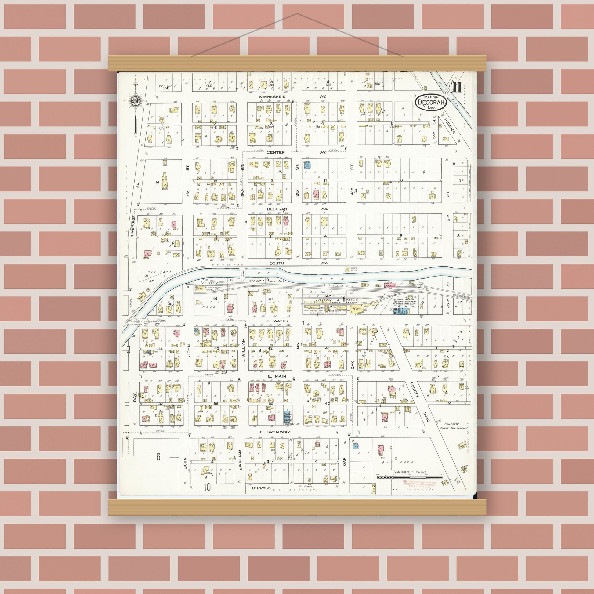 Old map wall art mockup — magnetic wood frame on brick wall — Sanborn Fire Insurance Map from Decorah, Winneshiek County, Iowa (1914), Sheet #0011