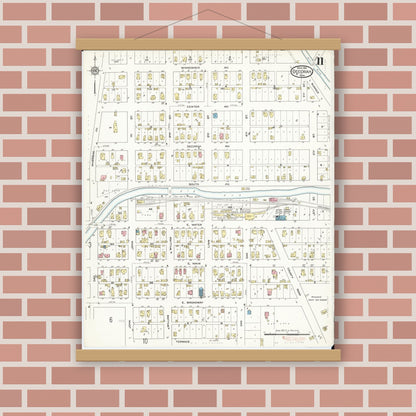 Old map wall art mockup — magnetic wood frame on brick wall — Sanborn Fire Insurance Map from Decorah, Winneshiek County, Iowa (1914), Sheet #0011