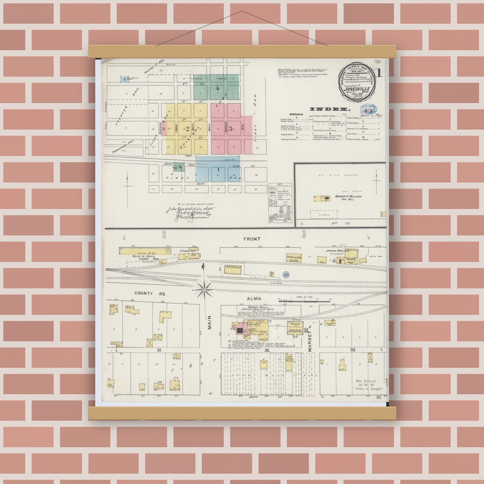 Old map wall art mockup — magnetic wood frame on brick wall — Sanborn Fire Insurance Map from Janesville, Waseca County, Minnesota (1894), Sheet #0001