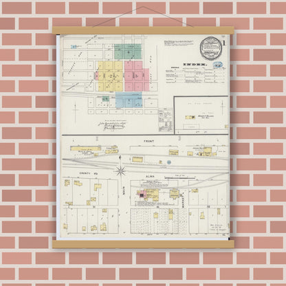 Old map wall art mockup — magnetic wood frame on brick wall — Sanborn Fire Insurance Map from Janesville, Waseca County, Minnesota (1894), Sheet #0001