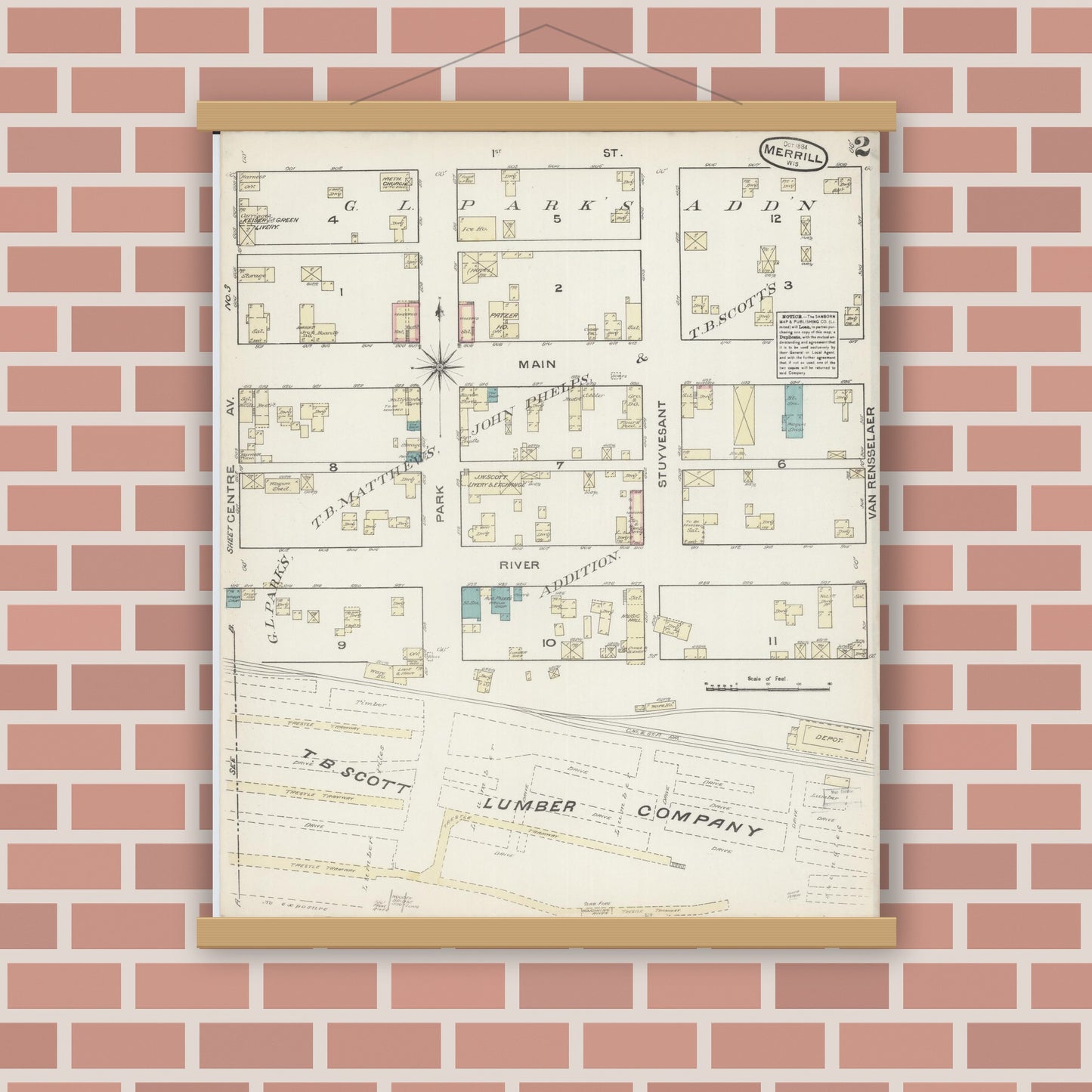Old map wall art mockup — magnetic wood frame on brick wall — Sanborn Fire Insurance Map from Merrill, Lincoln County, Wisconsin (1884), Sheet #0002