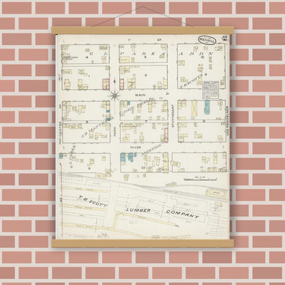 Old map wall art mockup — magnetic wood frame on brick wall — Sanborn Fire Insurance Map from Merrill, Lincoln County, Wisconsin (1884), Sheet #0002