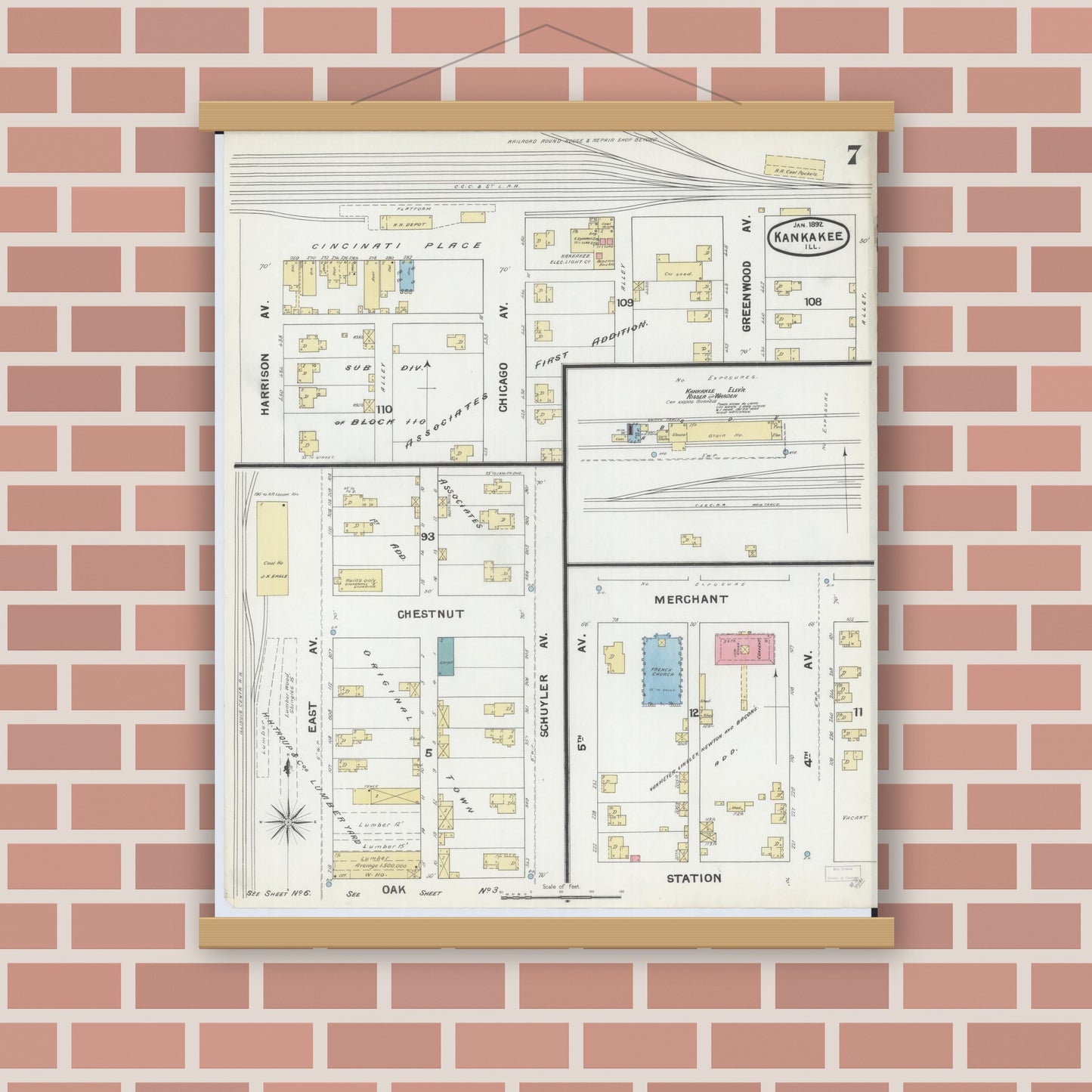 Old map wall art mockup — magnetic wood frame on brick wall — Sanborn Fire Insurance Map from Kankakee, Kankakee County, Illinois (1892), Sheet #0007