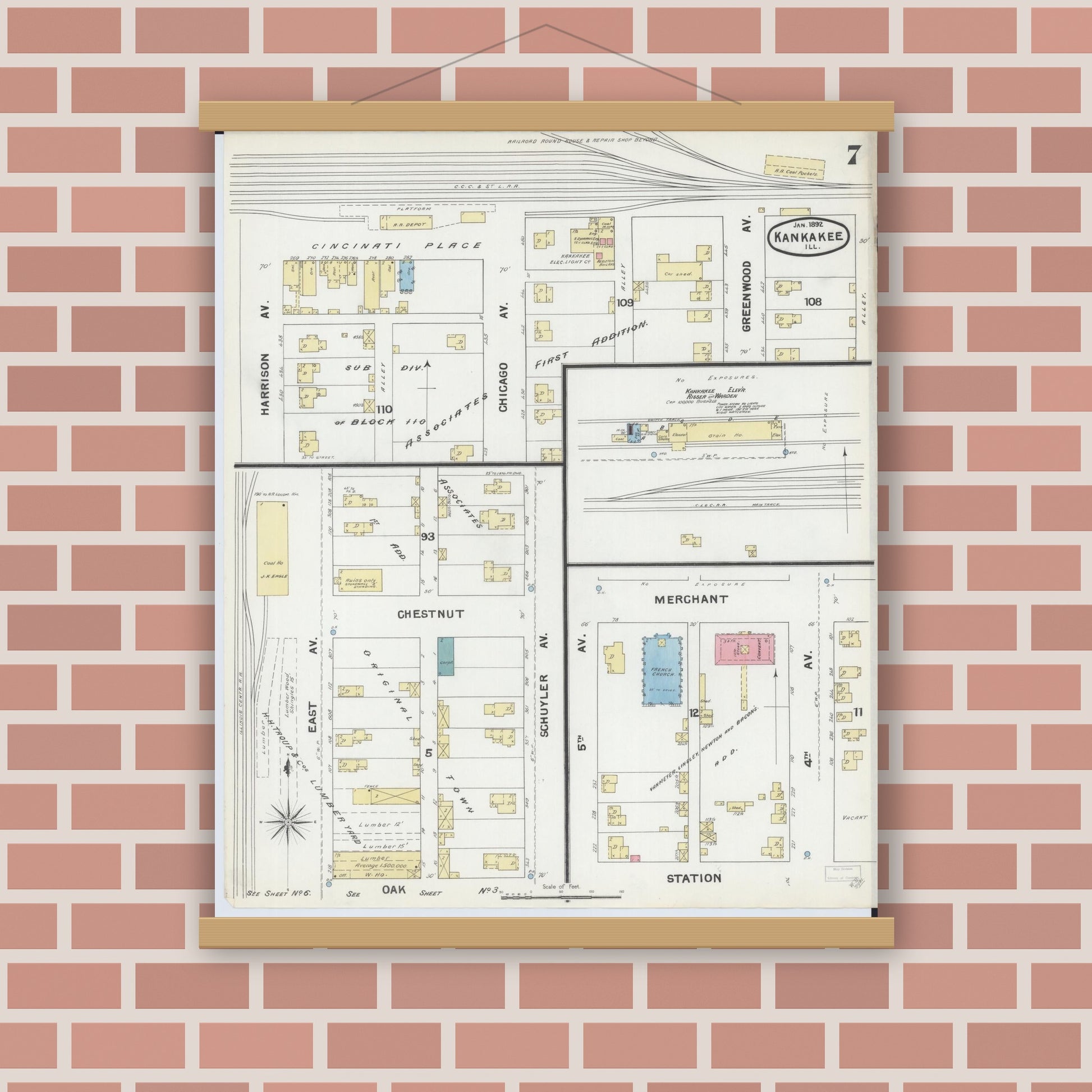 Old map wall art mockup — magnetic wood frame on brick wall — Sanborn Fire Insurance Map from Kankakee, Kankakee County, Illinois (1892), Sheet #0007