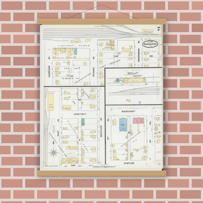 Old map wall art mockup — magnetic wood frame on brick wall — Sanborn Fire Insurance Map from Kankakee, Kankakee County, Illinois (1892), Sheet #0007
