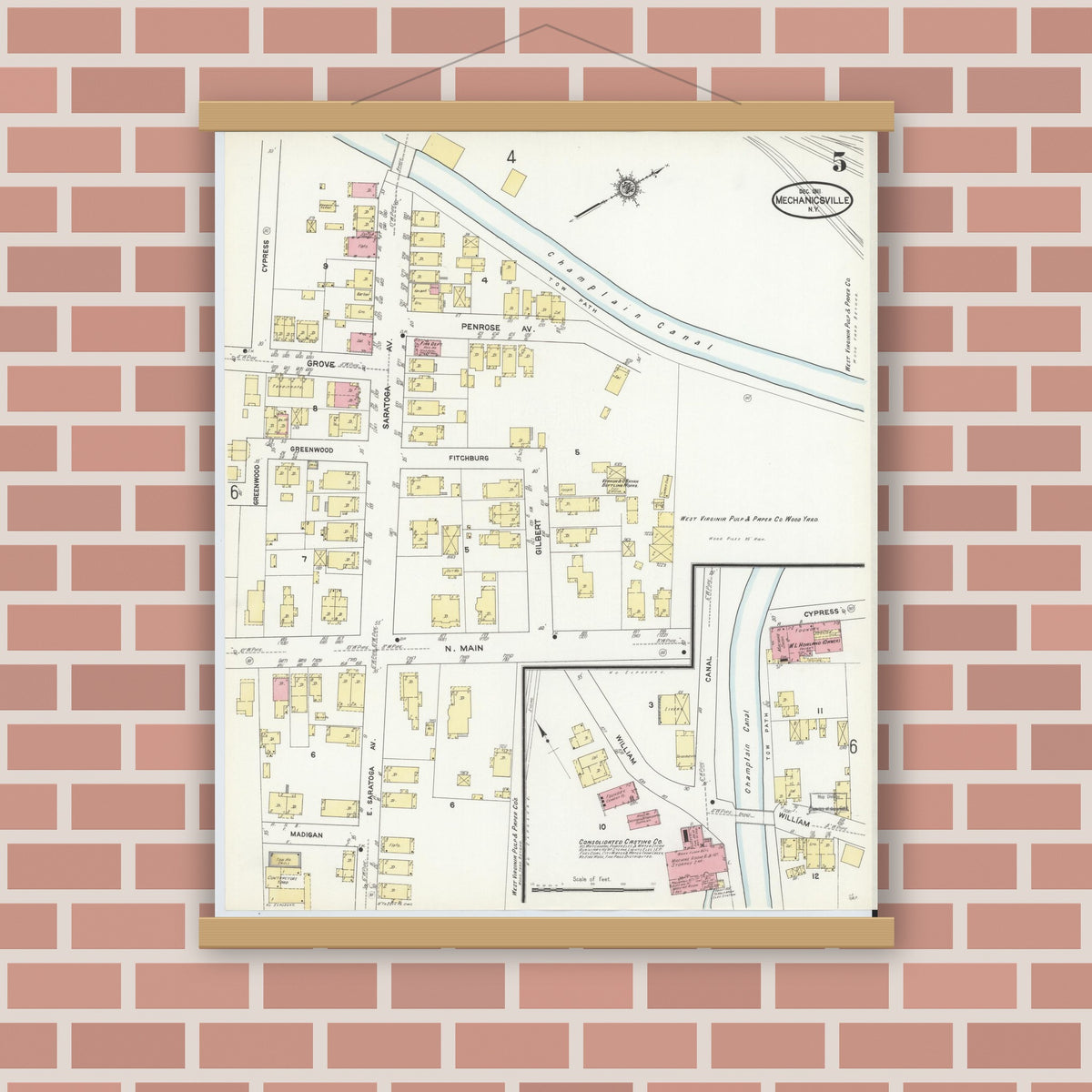 Old map wall art mockup — magnetic wood frame on brick wall — Sanborn Fire Insurance Map from Mechanicville, Saratoga County, New York (1911), Sheet #0005