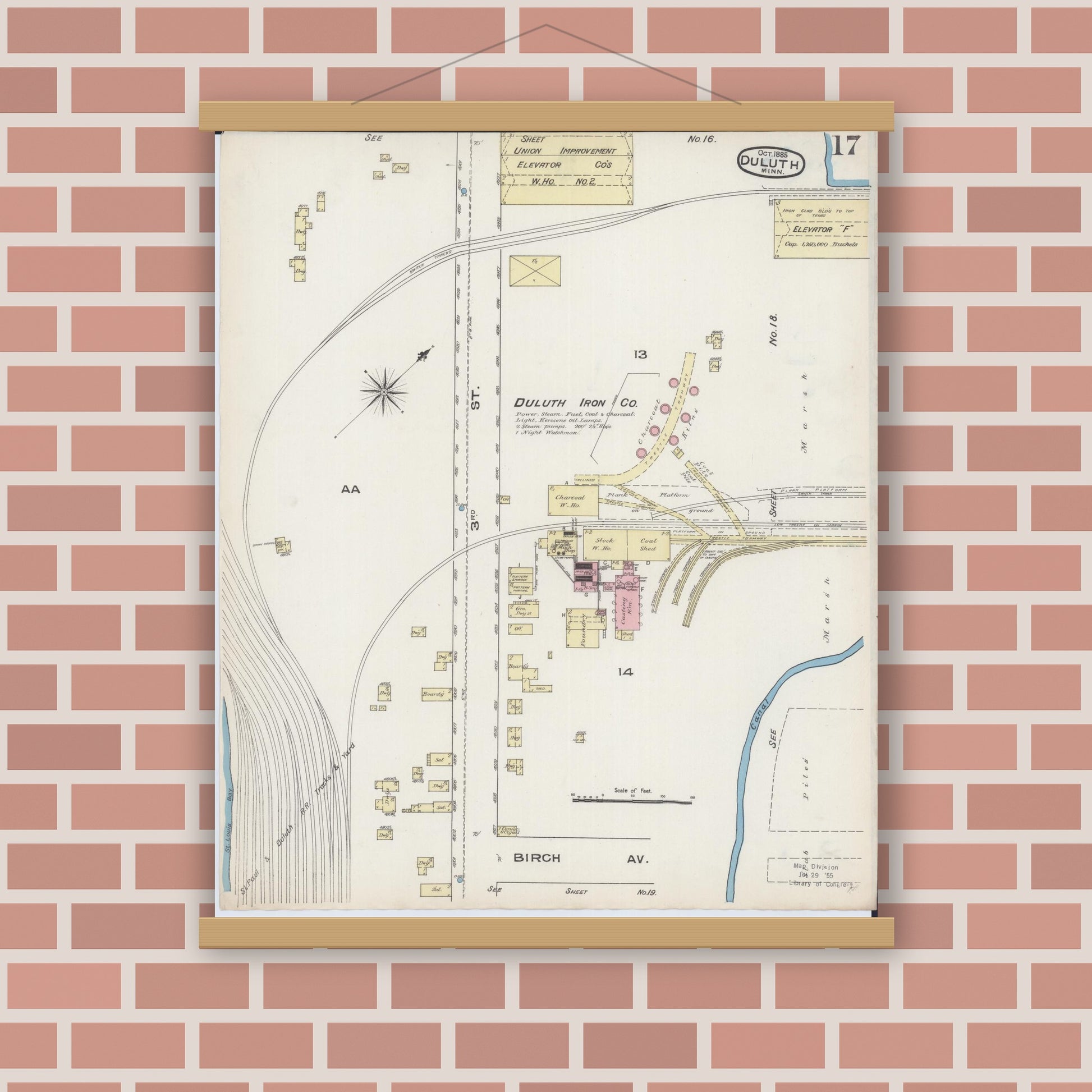 Old map wall art mockup — magnetic wood frame on brick wall — Sanborn Fire Insurance Map from Duluth, Saint Louis County, Minnesota (1885), Sheet #0017