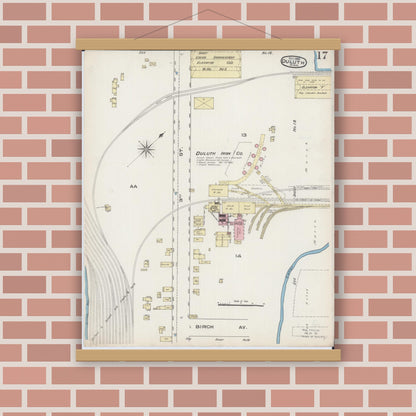 Old map wall art mockup — magnetic wood frame on brick wall — Sanborn Fire Insurance Map from Duluth, Saint Louis County, Minnesota (1885), Sheet #0017