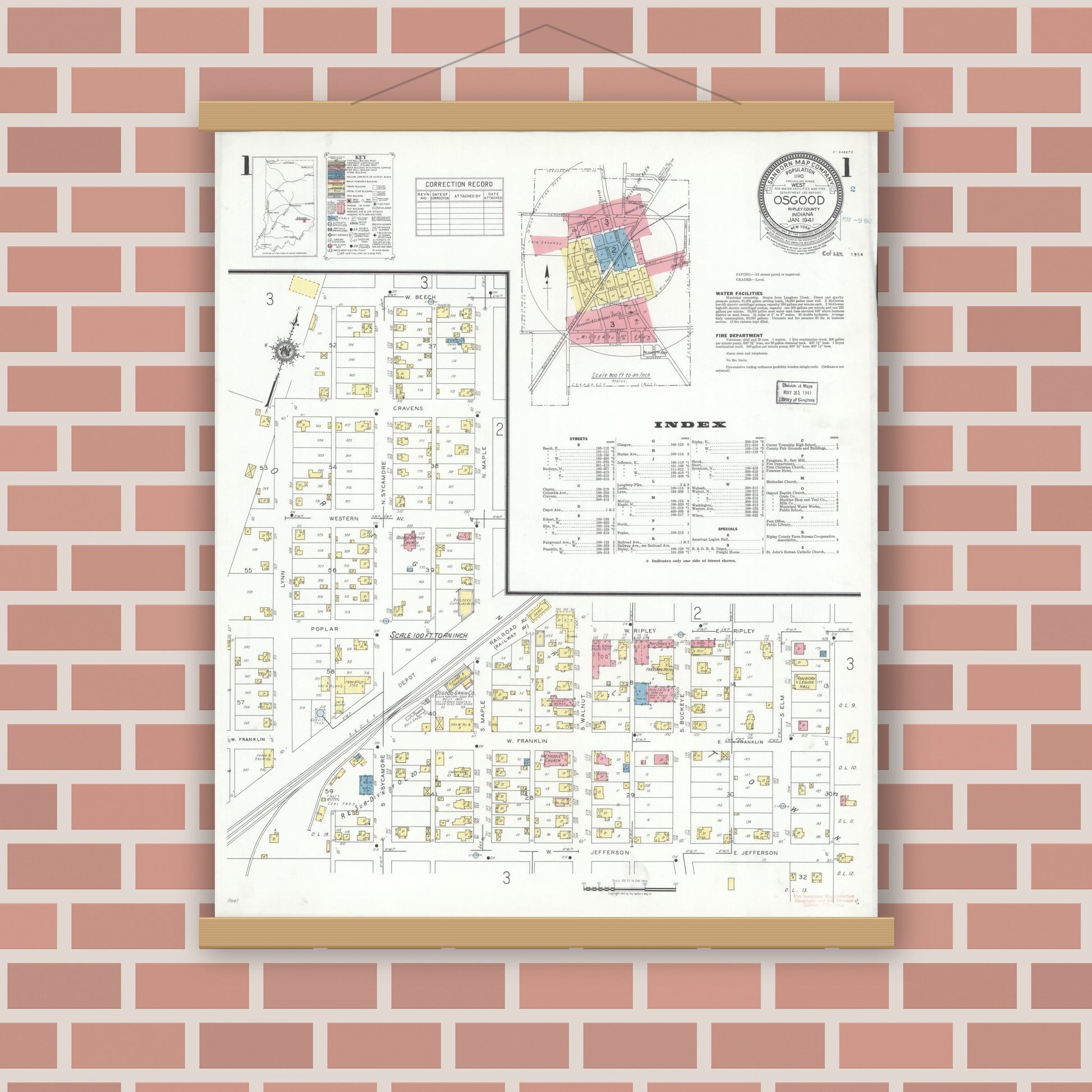 Old map wall art mockup — magnetic wood frame on brick wall — Sanborn Fire Insurance Map from Osgood, Ripley County, Indiana (1941) - Complete Map Set