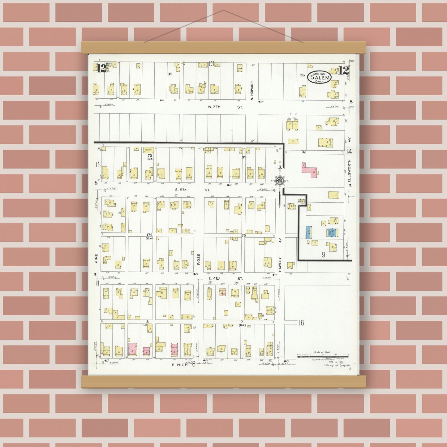 Old map wall art mockup — magnetic wood frame on brick wall — Sanborn Fire Insurance Map from Salem, Columbiana County, Ohio (1926), Sheet #0012