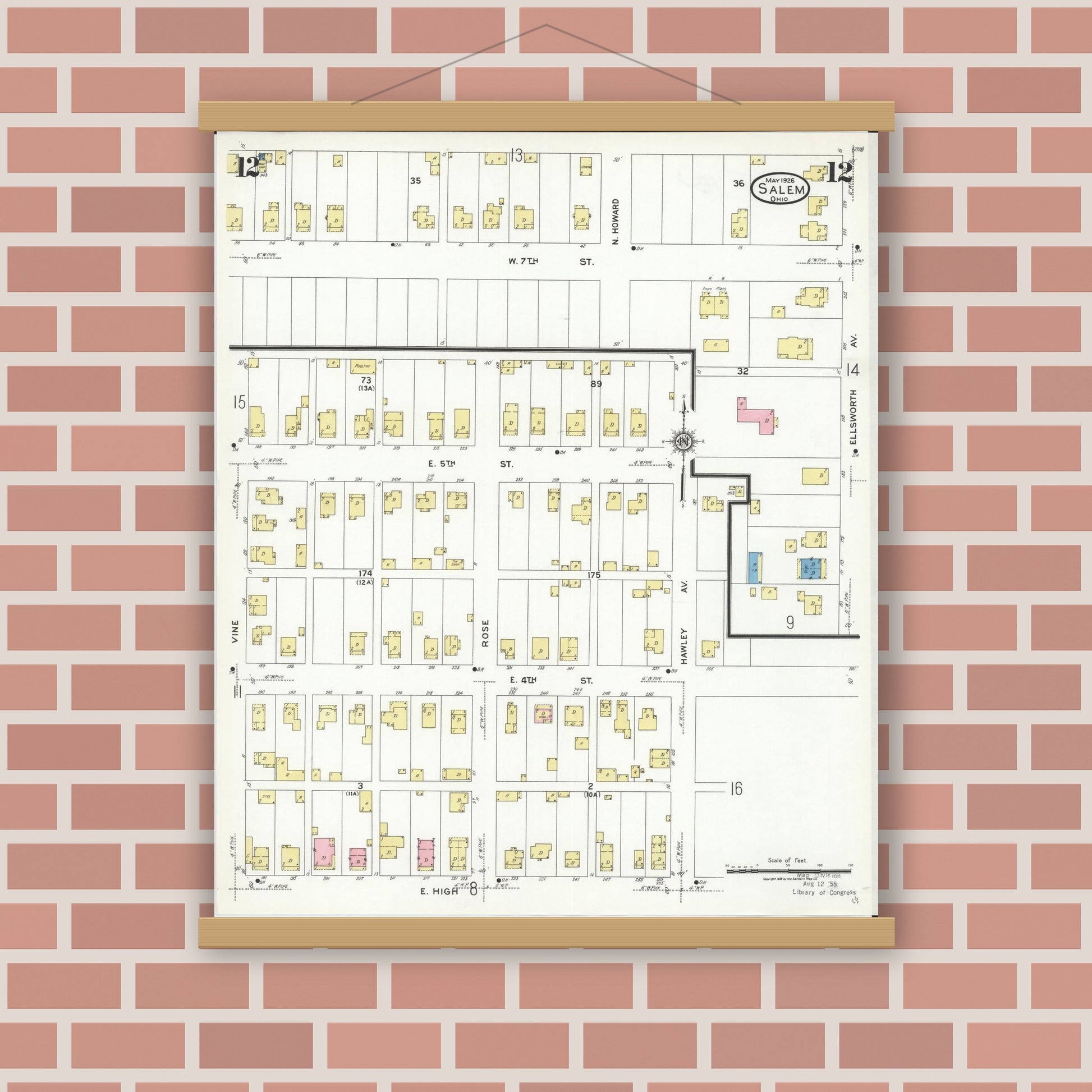 Old map wall art mockup — magnetic wood frame on brick wall — Sanborn Fire Insurance Map from Salem, Columbiana County, Ohio (1926), Sheet #0012